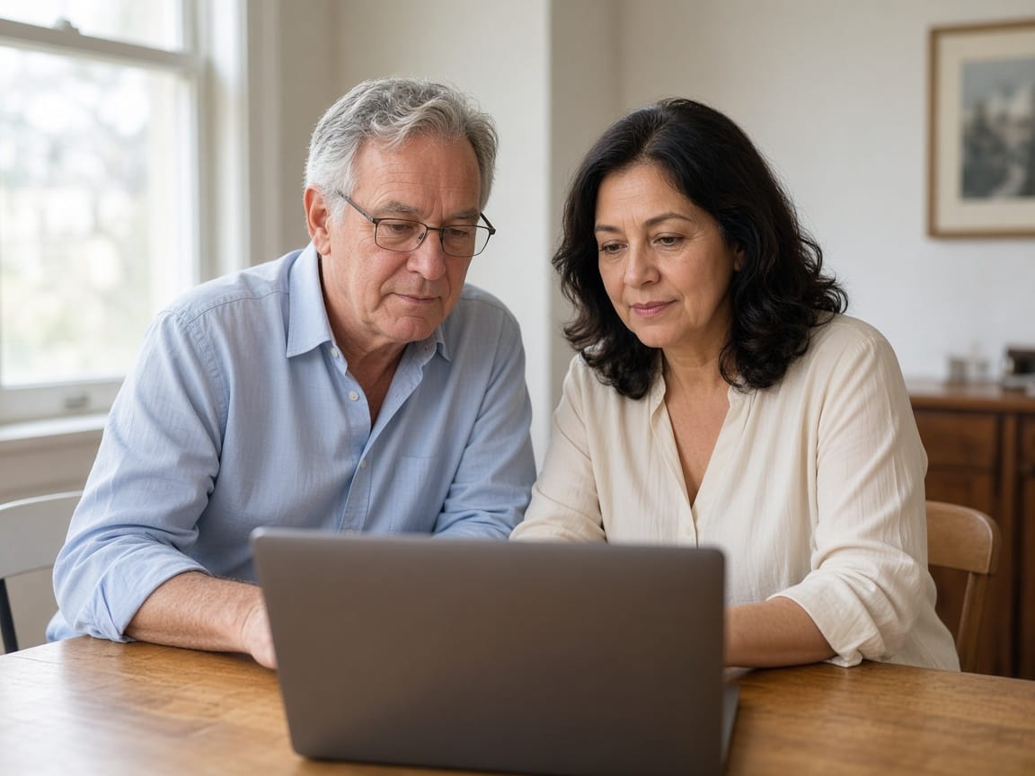 Two board members reviewing information on a laptop
