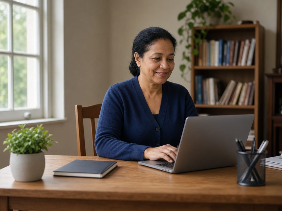A village clerk updating the website from a laptop