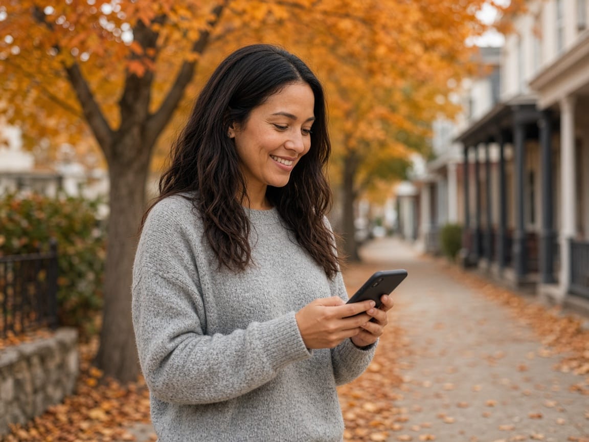 A resident reading a notice on a phone outdoors