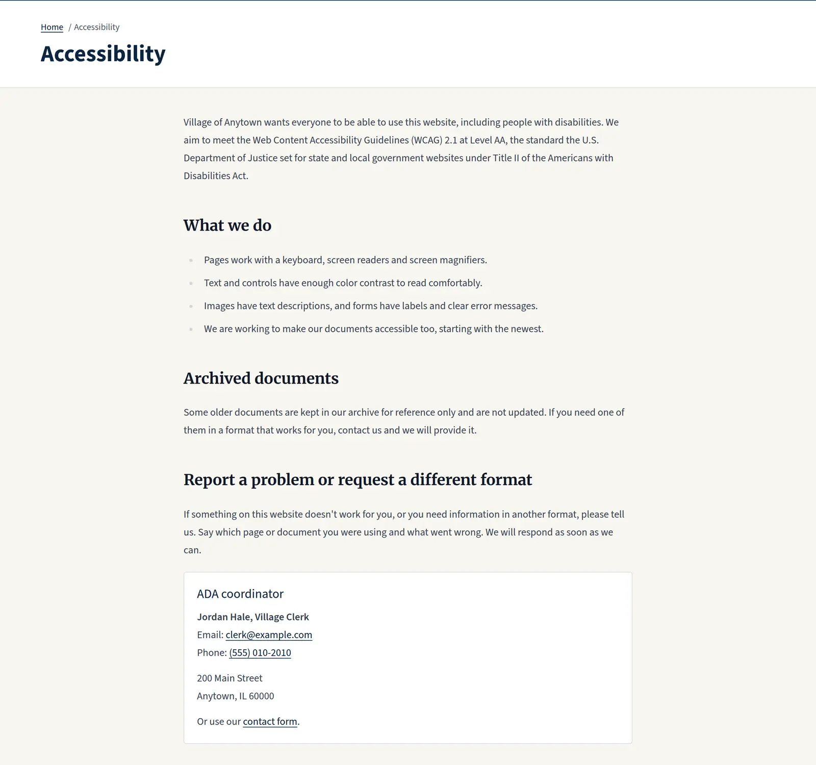 The Anytown accessibility statement, describing WCAG 2.1 Level AA, what the site does for accessibility, and how archived documents are handled.