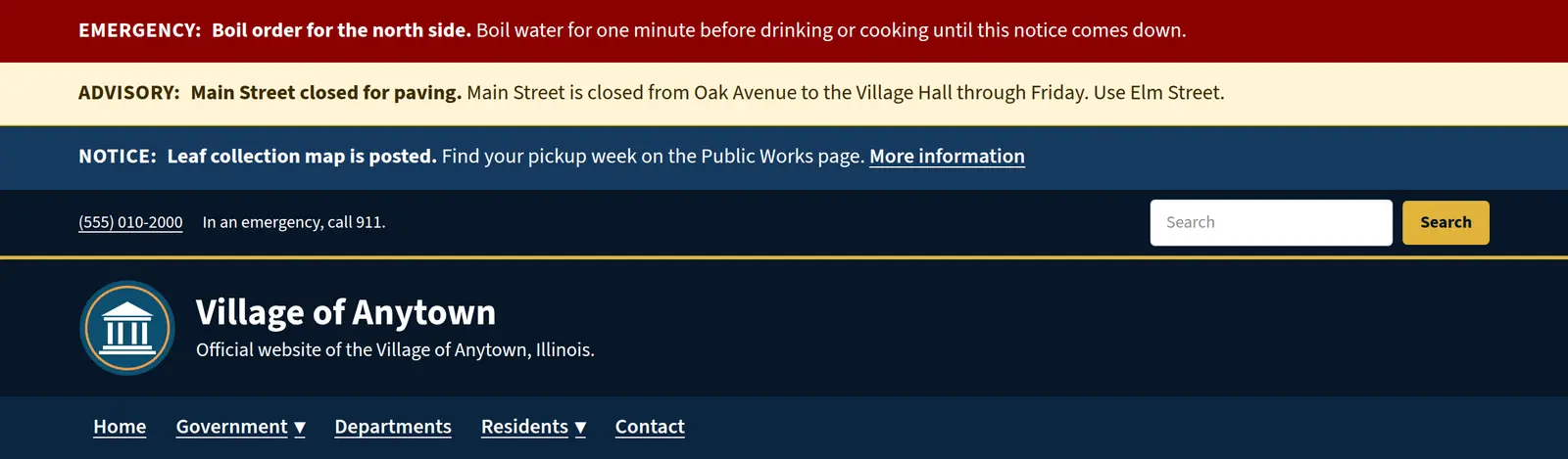 Three village alerts at the top of the Anytown site: an emergency notice, an advisory, and an information notice.