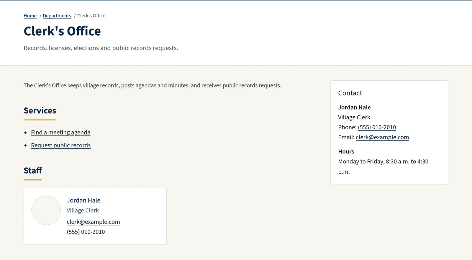 The Clerk's Office page for Village of Anytown, with office hours, phone, email, and the village clerk.
