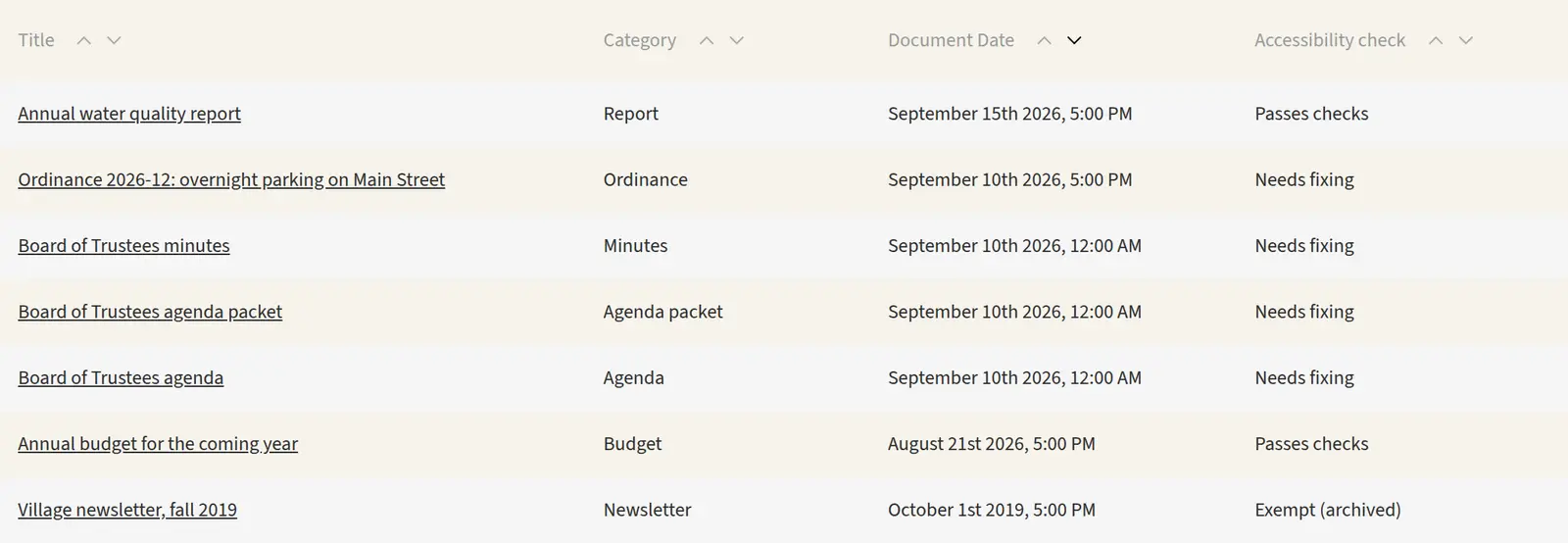 The documents list in the clerk portal, with document types and an accessibility check of Passes checks, Needs fixing, or Exempt for an archived file.