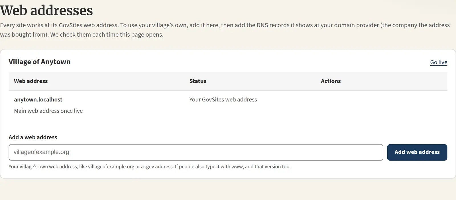 The Web addresses page for Village of Anytown, where a village admin adds a domain and chooses the main address.