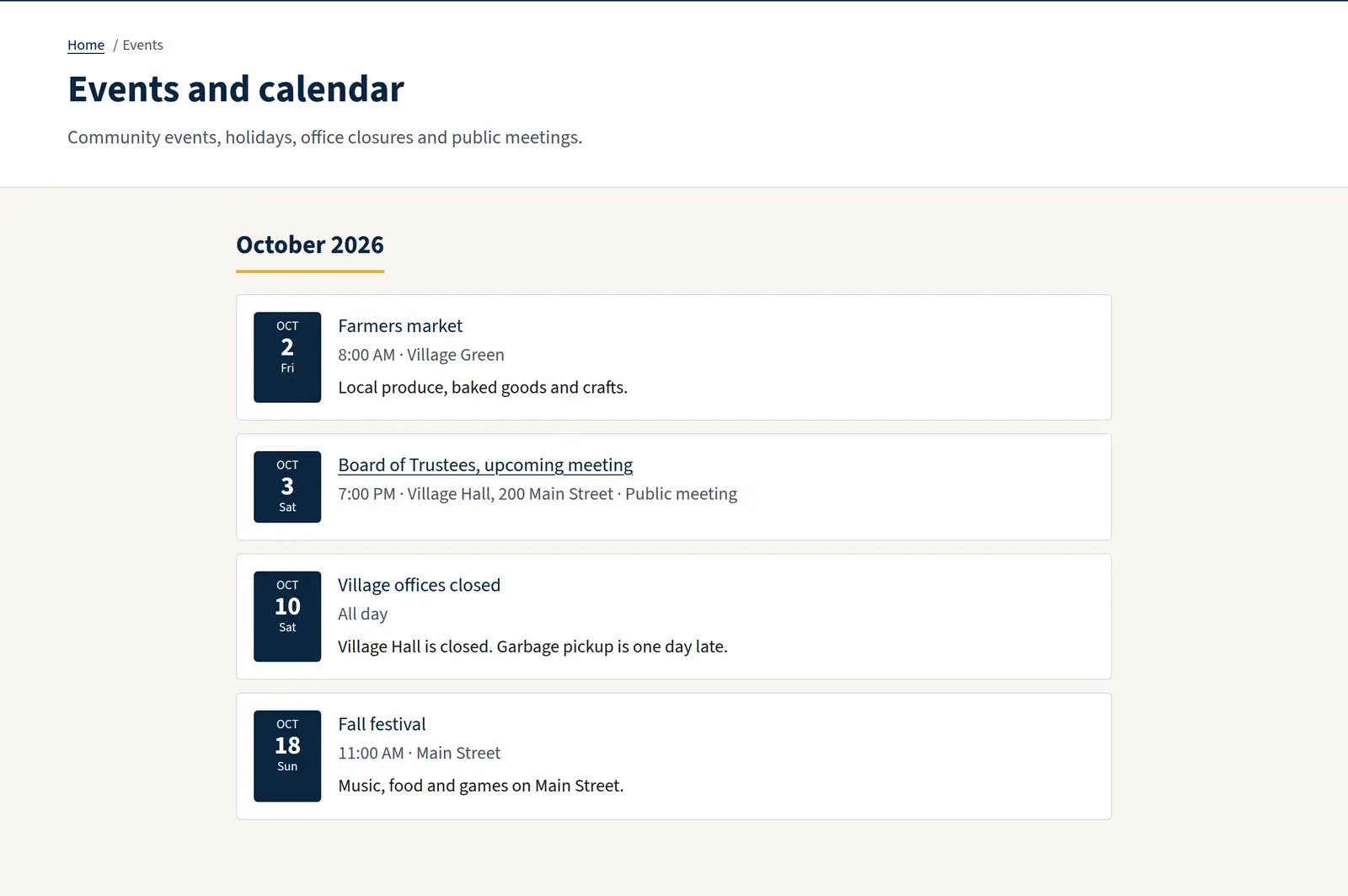 The Anytown events calendar listing a farmers market, a holiday closure, a fall festival, and upcoming public meetings.