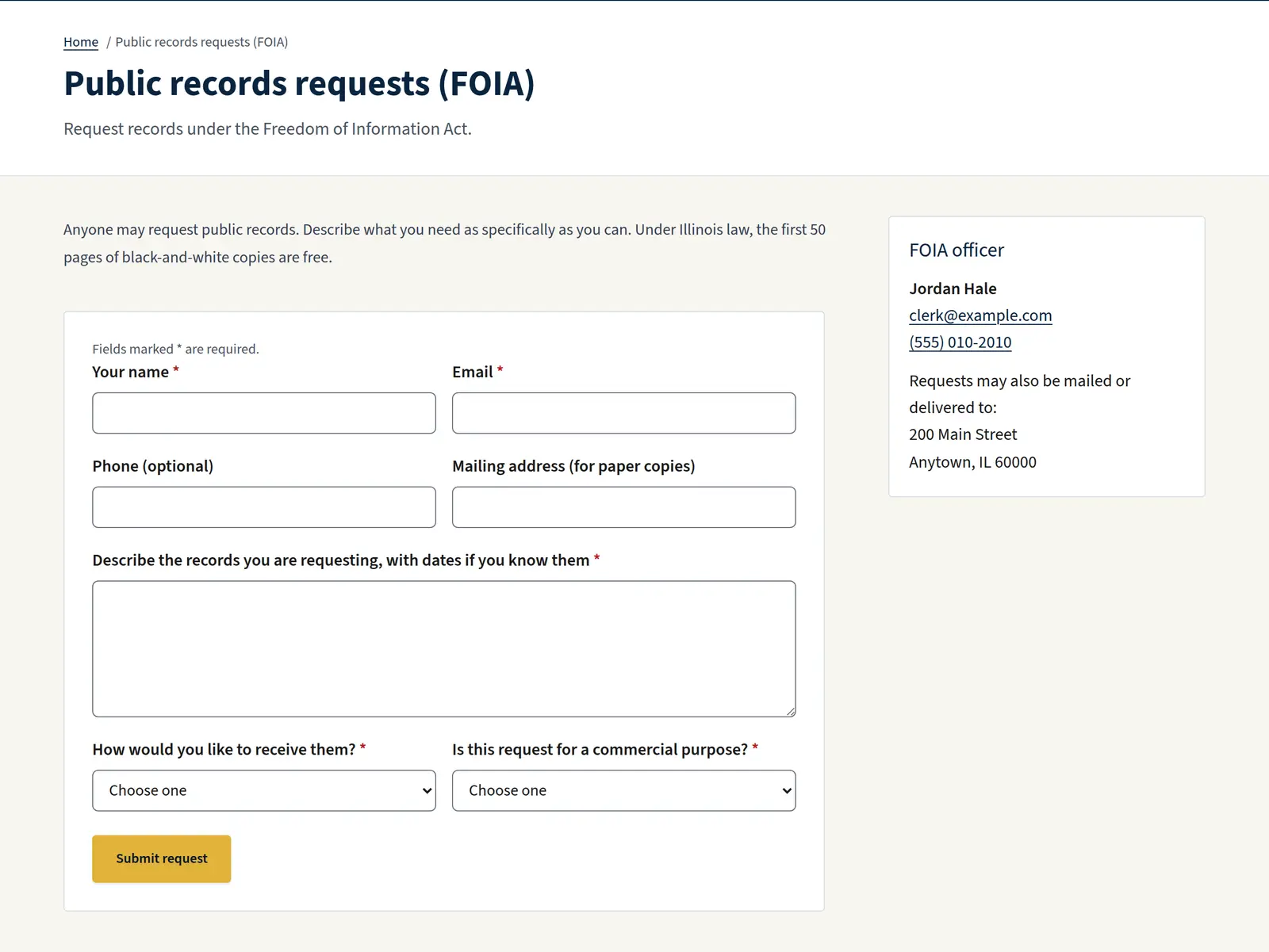 The Anytown public records request form, with fields for a name, email, the records requested, and how to receive them.