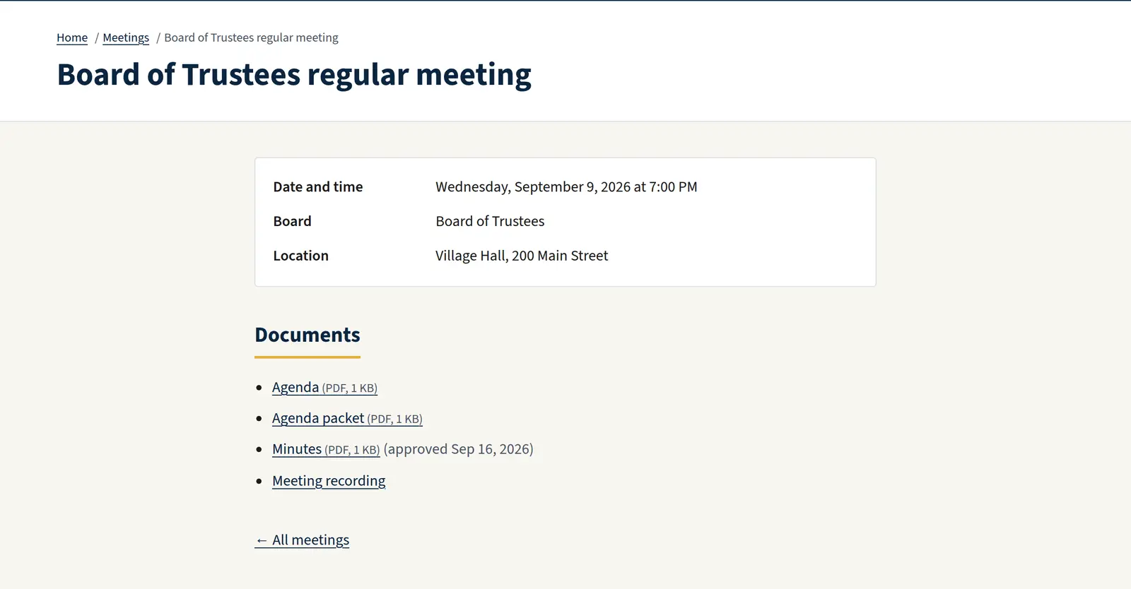 A Village of Anytown meeting page with the date, board, location, agenda, agenda packet, approved minutes, and a recording link.