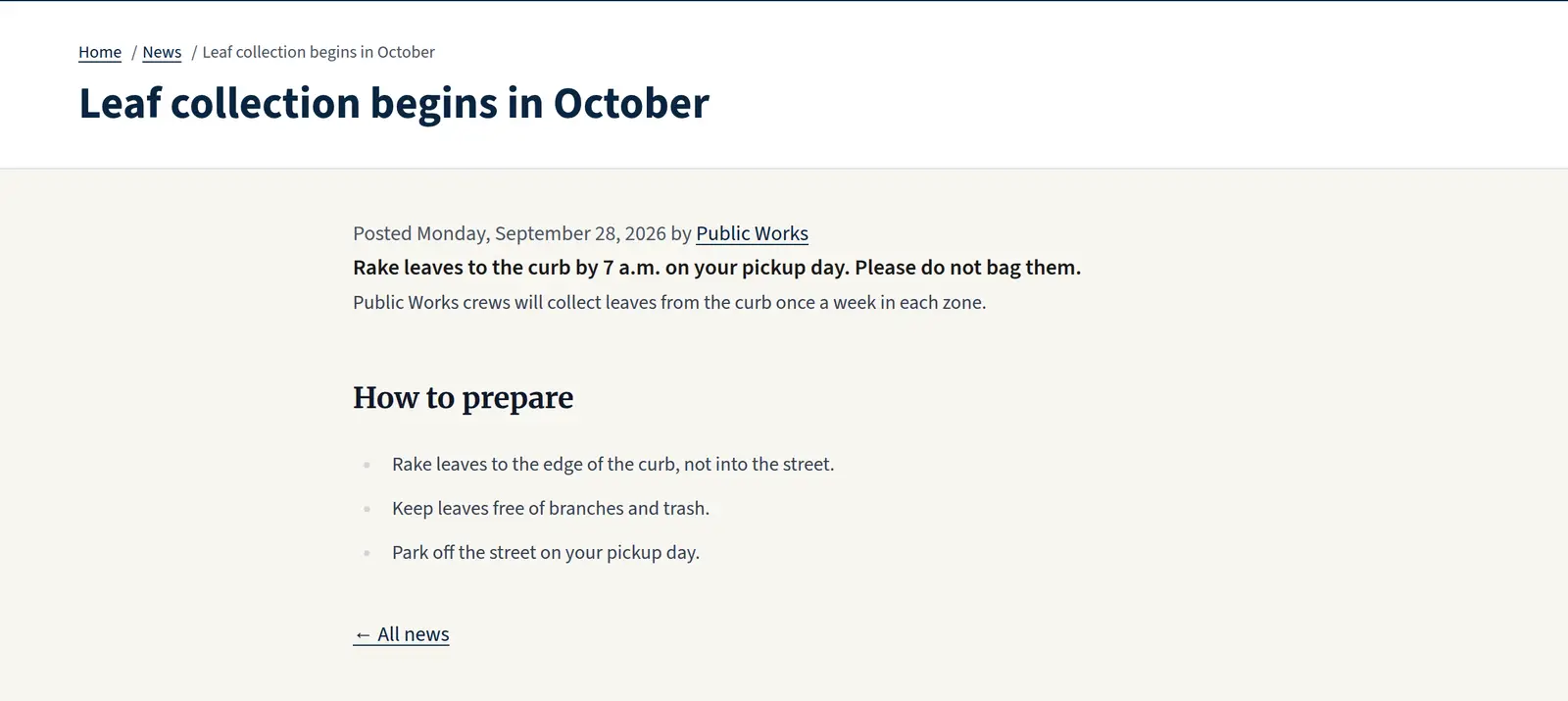 A Village of Anytown news post, Leaf collection begins in October, with the date, department, and the details residents need.