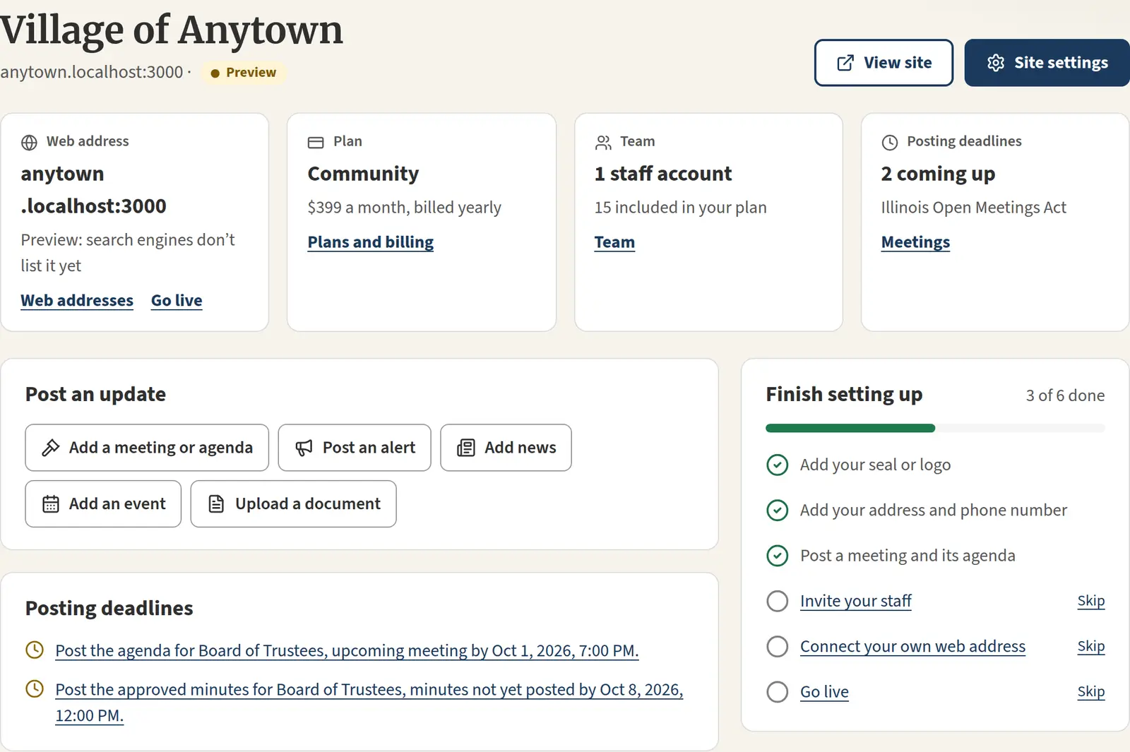 The Anytown clerk dashboard with posting deadlines: an agenda due 48 hours before a meeting and approved minutes due within 10 days.