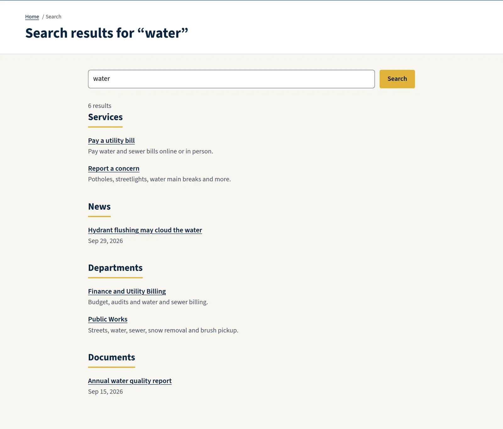 Site search results for “water” on the Anytown site, grouped into services, departments, news, and documents.